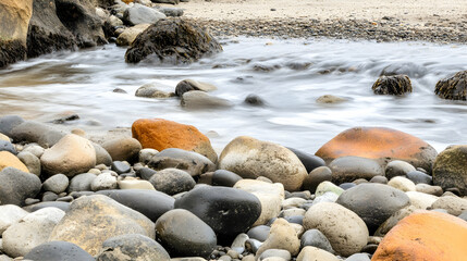 Obraz premium Smooth beach rocks and sea stones on a sandy shore with blurred waves in the background. Scenic nature stock photo