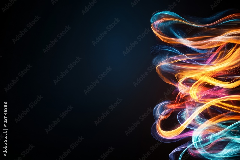 Poster colorful light trails create dynamic abstract patterns against a dark background in a mesmerizing di