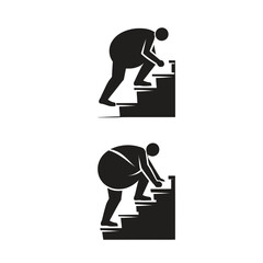 A person struggling climbing stairs, black and white graphic, simple shapes, pictogram style, directional symbols, upward movement, physical effort illustration, silhouette obesity