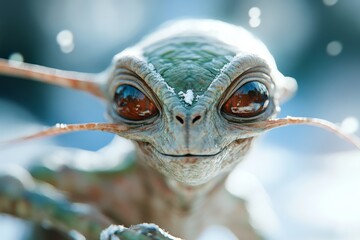 Fototapeta premium Curious extraterrestrial creature exploring a snowy landscape on a bright winter day