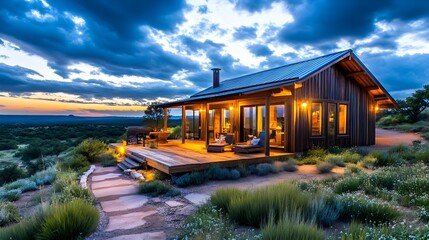 Obraz premium Modern Cabin Sunset Landscape - Sustainable & Eco-Friendly Design
