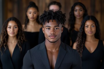 Fototapeta premium Group of six individuals posing confidently in sleek black outfits against a stylish wooden backdrop