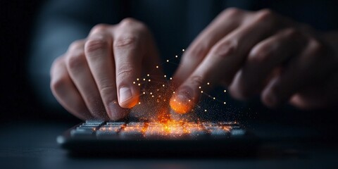 Hands Typing on a Keyboard with Glowing Particles and Digital Effects in a Modern Tech Environment