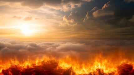 Fototapeta premium Symbolic sky Heaven and hell concept with bright sky above clouds and hell fire below. For illustrating duality of life