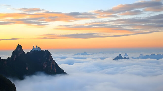 Temple atop a mountain peak, obscured by clouds at sunset, for travel, spirituality or exploration themed projects and inspirational posters