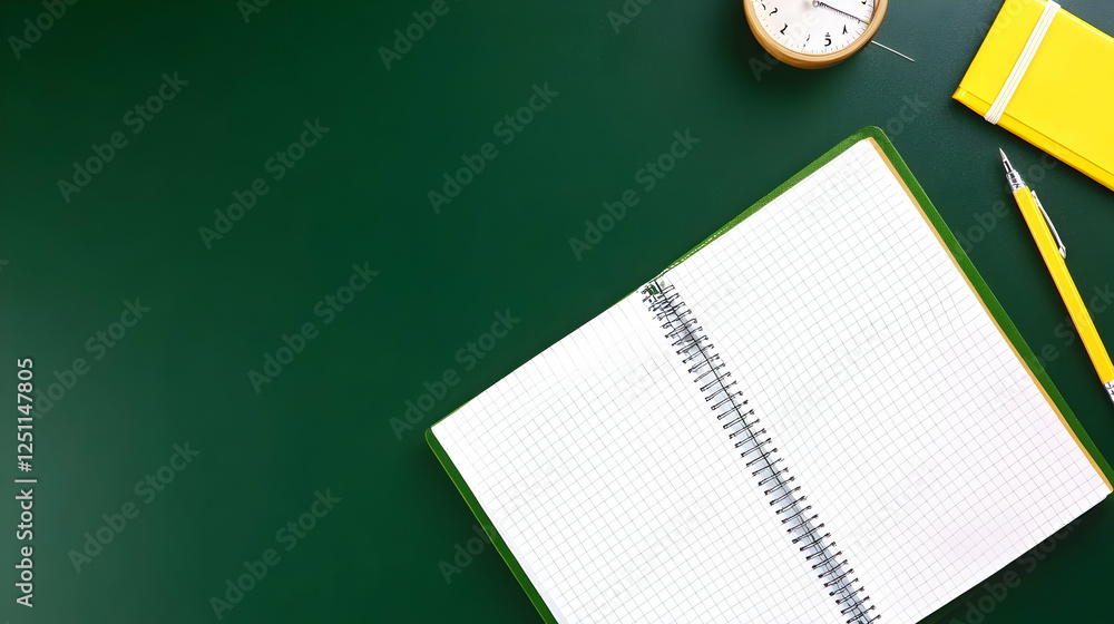 Poster top view of a desk with stationery and a notebook, ready for studying or note-taking on a green back