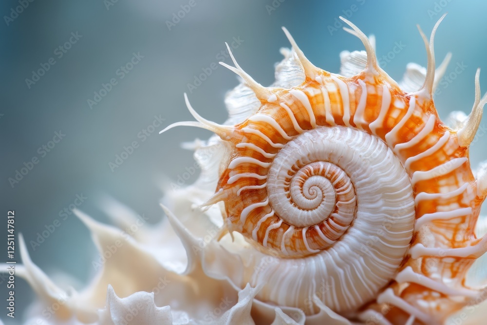 Poster close-up of a beautifully spiraled sea shell showcasing intricate patterns and natural textures agai