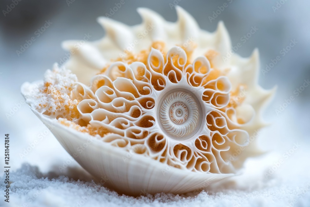 Poster intricate nautilus shell resting on fine sand with delicate patterns under soft light