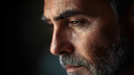 Obraz premium thoughtful, deep in thought, side profile, close-up, serious expression, contemplation, emotional depth, cinematic, introspective, mature face, wrinkles, soft lighting, shadows and highlights, moody p