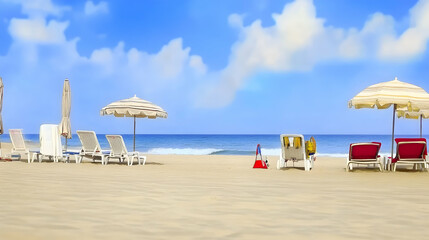 Fototapeta premium Tranquil beach scene with empty sunbeds, umbrellas, and gentle waves, ideal for travel promotion or summer vacation visuals