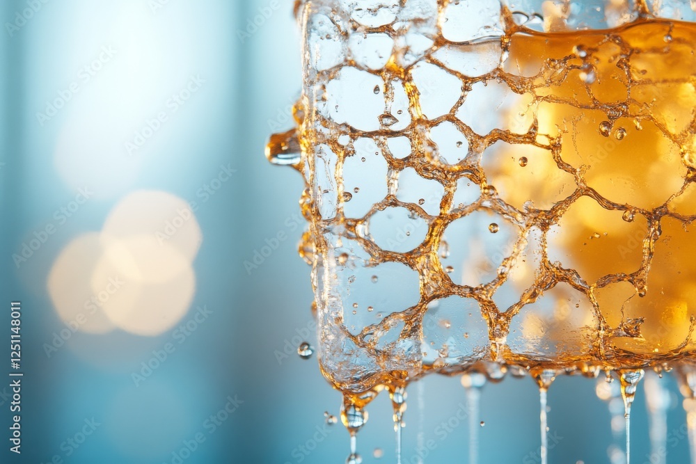 Poster droplets of amber liquid cascade from honeycomb structure in soft-focus background