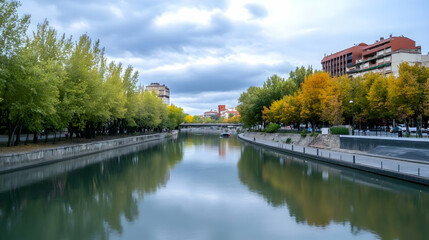 Fototapeta premium Tranquil urban river scene, colorful trees line the banks as the clouds gather above. Illustrative of city life and nature interaction