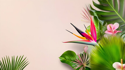 Obraz premium Tropical flowers, birds of paradise with monstera leaves create botanical, natural wallpaper background ideal for summer holiday designs