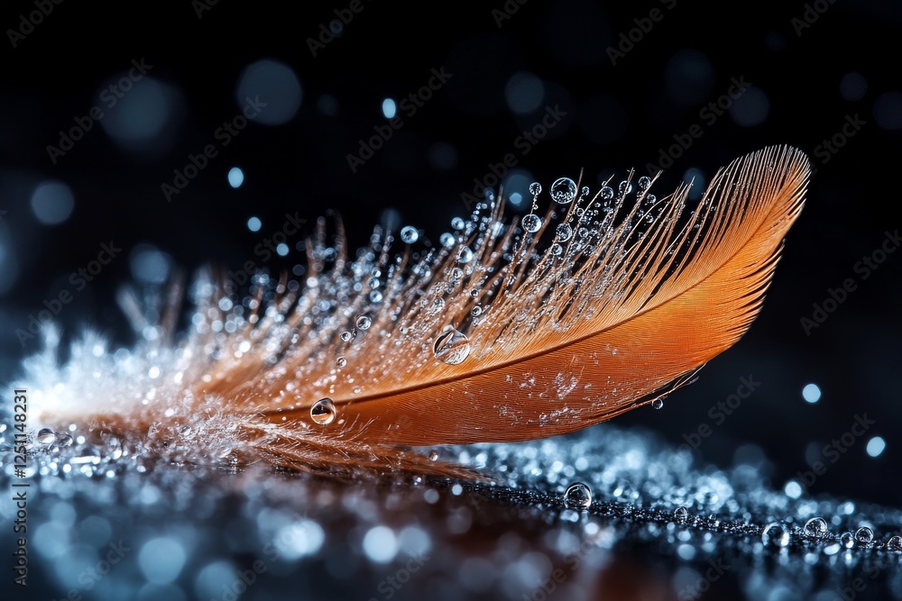 Poster delicate feather resting on a surface adorned with glistening droplets reflecting light in a serene 