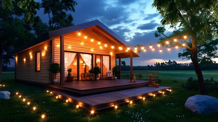 Naklejka premium Cozy Cabin Night: Wooden Cottage Exterior - Cozy spaces