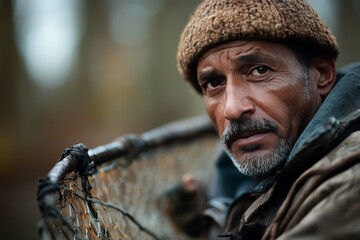 Obraz premium Man engaged in traditional fishing activity wearing a knitted hat in a serene natural setting during daylight
