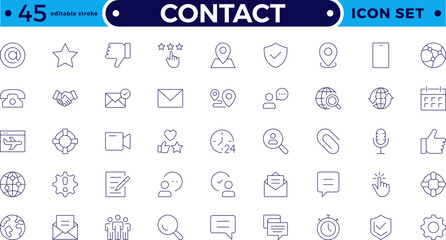 Contact outline Icons. Contact symbols - Phone, mail, fax, info, e-mail, support. Containing e-mail, phone, address, customer service, call, website and more. Editable stroke outline icon.
