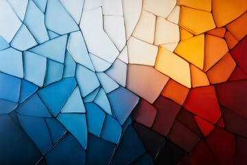 Colorful abstract artwork of cracked fragments blending blue and orange hues in a harmonious design