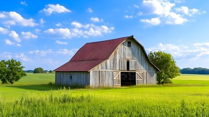 Obraz premium Rustic Barn in Green Field, Summer Sky - Rural/Farm scenes