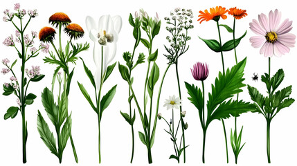 Variety of wild plants, herbs and flowers, isolated on white background for botanical study, book illustration or nature-themed wall decor