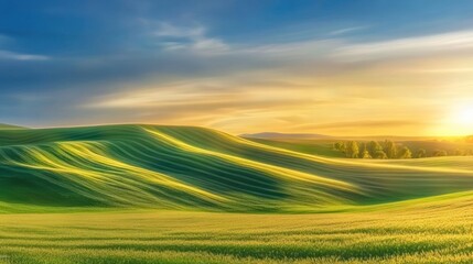 Obraz premium Golden Sunset Over Rolling Green Hills