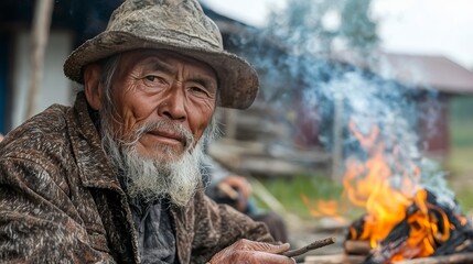 Obraz premium Wise Elder with Beard Sitting by Fire in Rustic Setting, Traditional Style Clothing and Hat