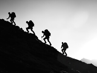 Silhouette of Mountaineers Ascending a Steep Hill with Hiking Poles