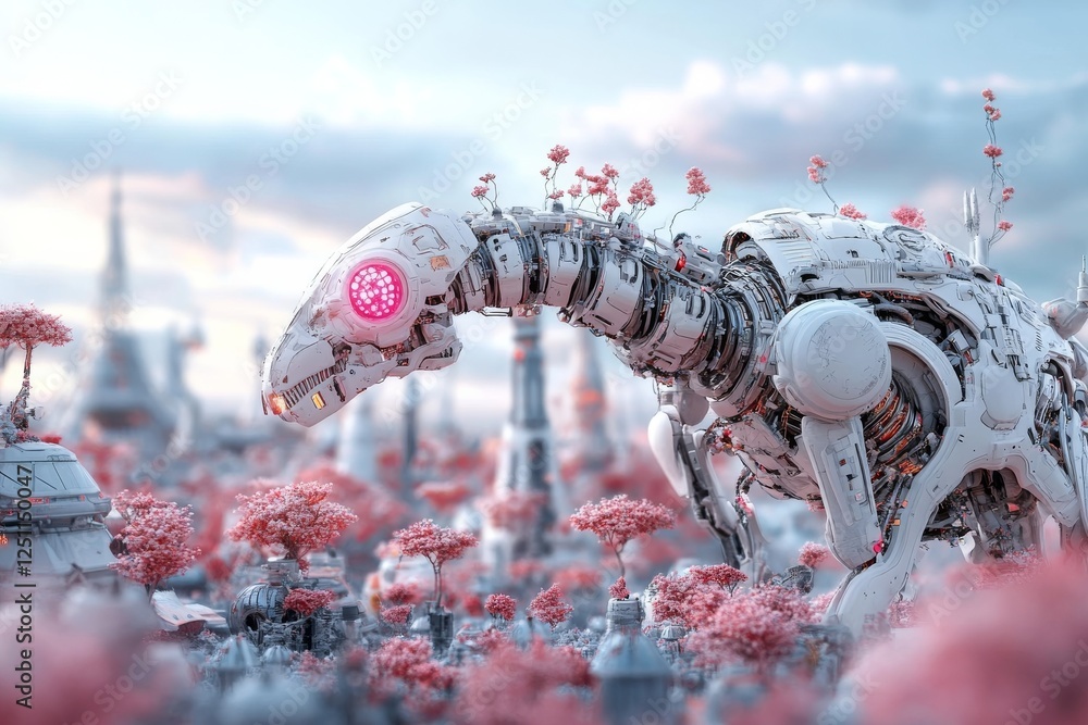 Poster robot dinosaur explores a futuristic landscape filled with pink trees and towering structures