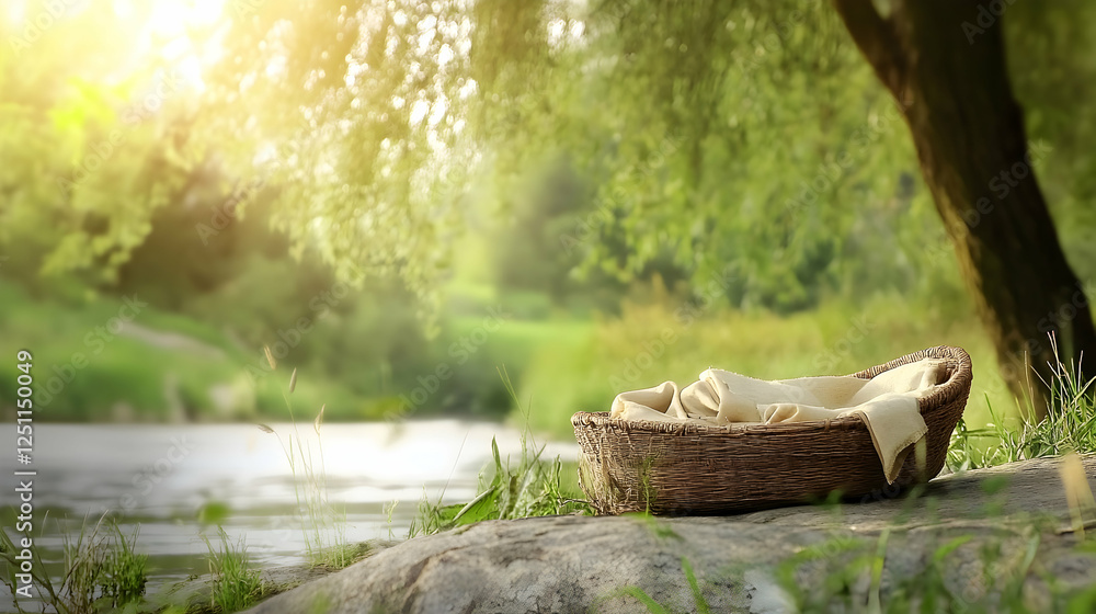 Poster woven basket with soft fabric on a rock near a river in a green setting with sunlight. possible for 