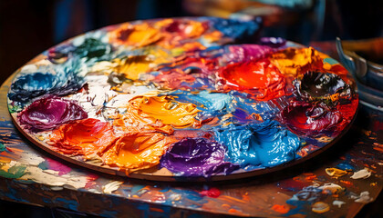 Vibrant close-up of an artist's palette brimming with richly textured oil paints.  Perfect for illustrating creativity, art supplies, or painting tutorials.