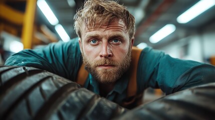 A serious man concentrating on tire repair in a garage, highlighting dedication and hard work, showcasing the importance of craftsmanship in automotive maintenance.