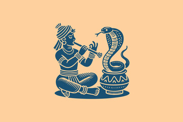 Indian snake charmer with cobra, vintage engraving-style logo