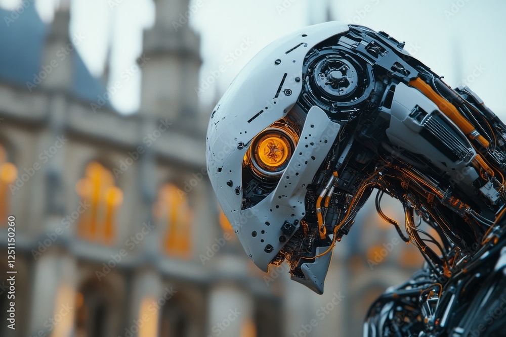 Aufkleber robot with glowing eye positioned near historic architecture during twilight in an urban setting