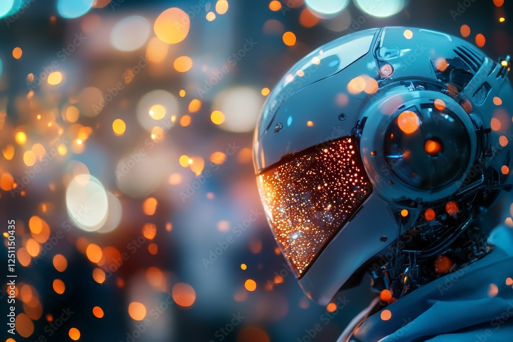 Poster futuristic robot with illuminated visor surrounded by colorful bokeh lights in a modern setting at n