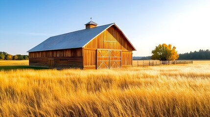 Fototapeta premium Rustic Wooden Barn in Golden Field - Rustic/Vintage Aesthetics