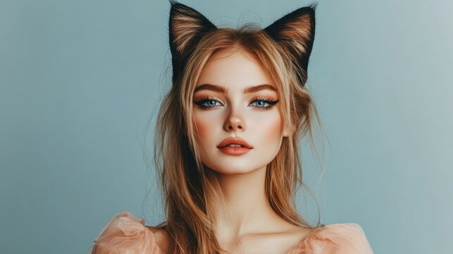 Playful Portrait: Blonde Woman with Cat Ears