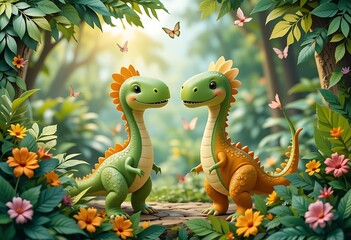 Cute cartoon dinosaur frame border on background.