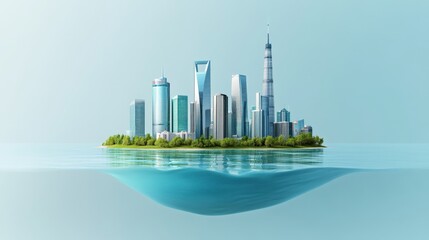 Obraz premium Modern City Skyline on a Floating Island with Water Reflection and Clear Sky