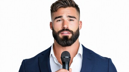 Naklejka premium A well-groomed man in a suit holds a microphone, exuding confidence with a stylish beard and sharp hairstyle.