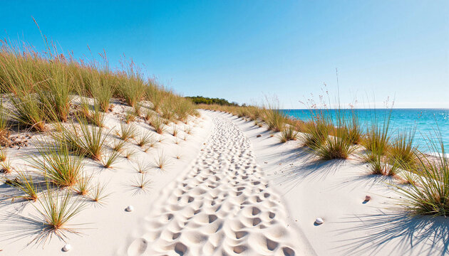 Sandy beach path with grass leading to the ocean - Powered by Adobe