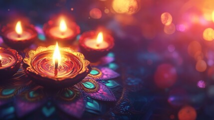 Festive Diwali lamps glow brightly, bokeh background