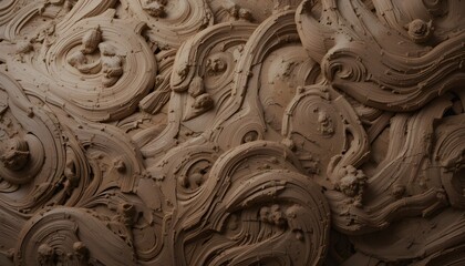 Close-up of a natural clay surface with flowing, wavy textures in warm brown tones. Perfect for backgrounds, design elements, and artistic compositions.