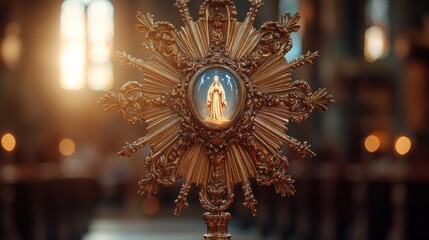 Church Virgin Mary Monstrance Golden Lit Candles