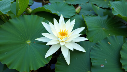 연못 속 초록 잎과 하얀 연꽃한송이