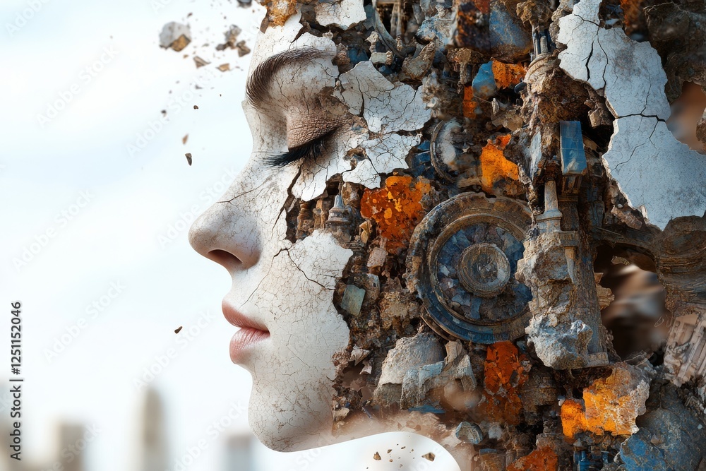 Aufkleber cracking facade of a face merging with surreal elements in an abstract landscape at twilight