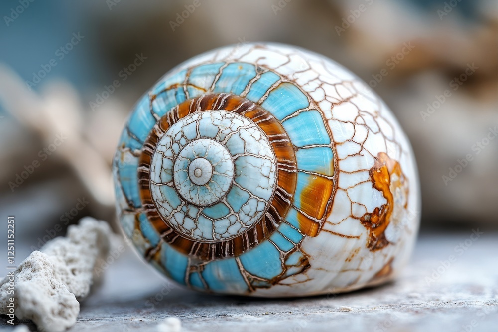 Poster unique seashell with intricate patterns and colors resting on a sandy surface in coastal environment