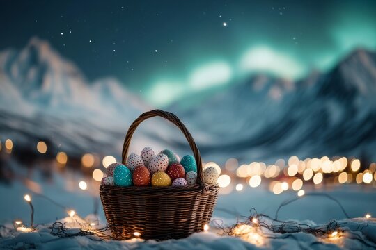Colorful Easter eggs in a basket under the night sky filled with northern lights in a snowy mountain landscape