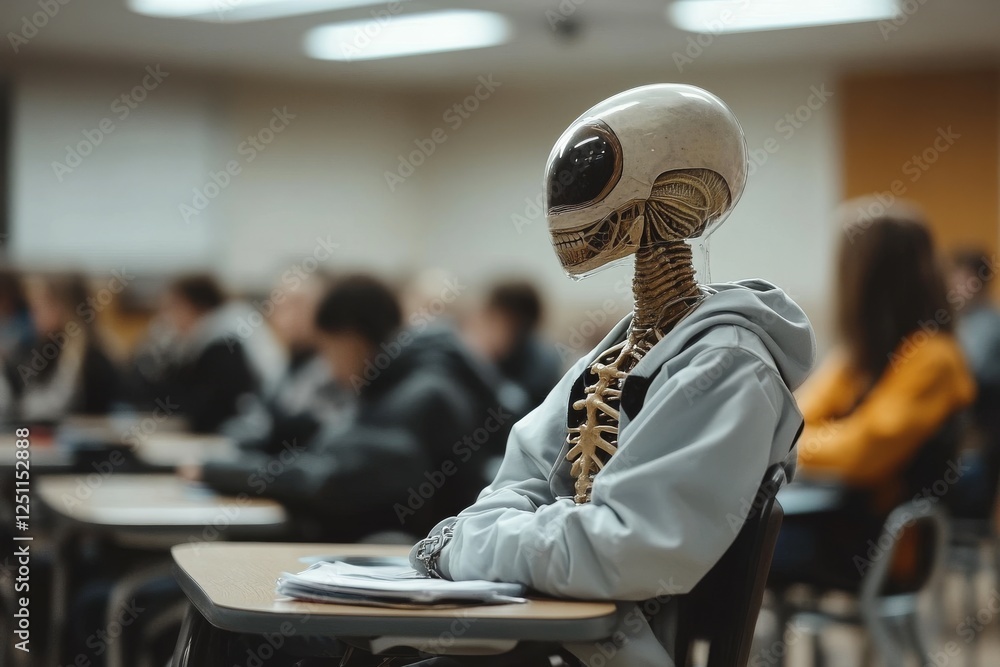 Poster unconventional classroom setting with a skeleton in a hoodie attending a lesson among students