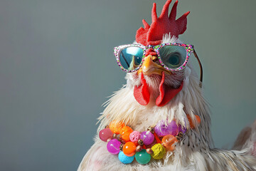 A stylish chicken wearing funky sunglasses and a colorful necklace stands confidently, showcasing a playful and humorous concept. This photo represents personality and fun fashion.