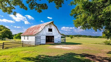 Obraz premium Rustic White Barn, Countryside Landscape - Rustic/Vintage
